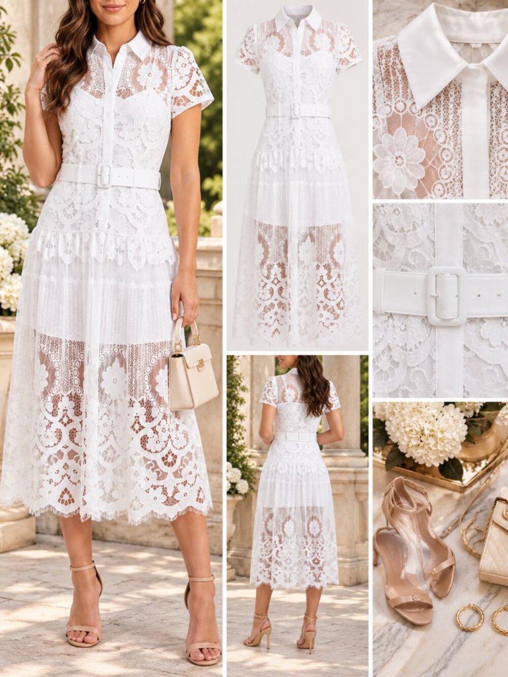 RACHEL Rachel Roy Jolene White Lace Belted Midi Shirt Dress Size 4